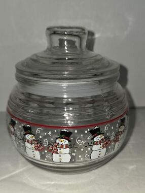 Vintage SNOWMAN Glass Candy Dish Nut Jar With Lid Excellent Condition